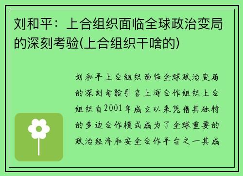 刘和平：上合组织面临全球政治变局的深刻考验(上合组织干啥的)