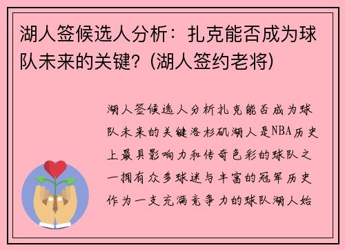 湖人签候选人分析：扎克能否成为球队未来的关键？(湖人签约老将)